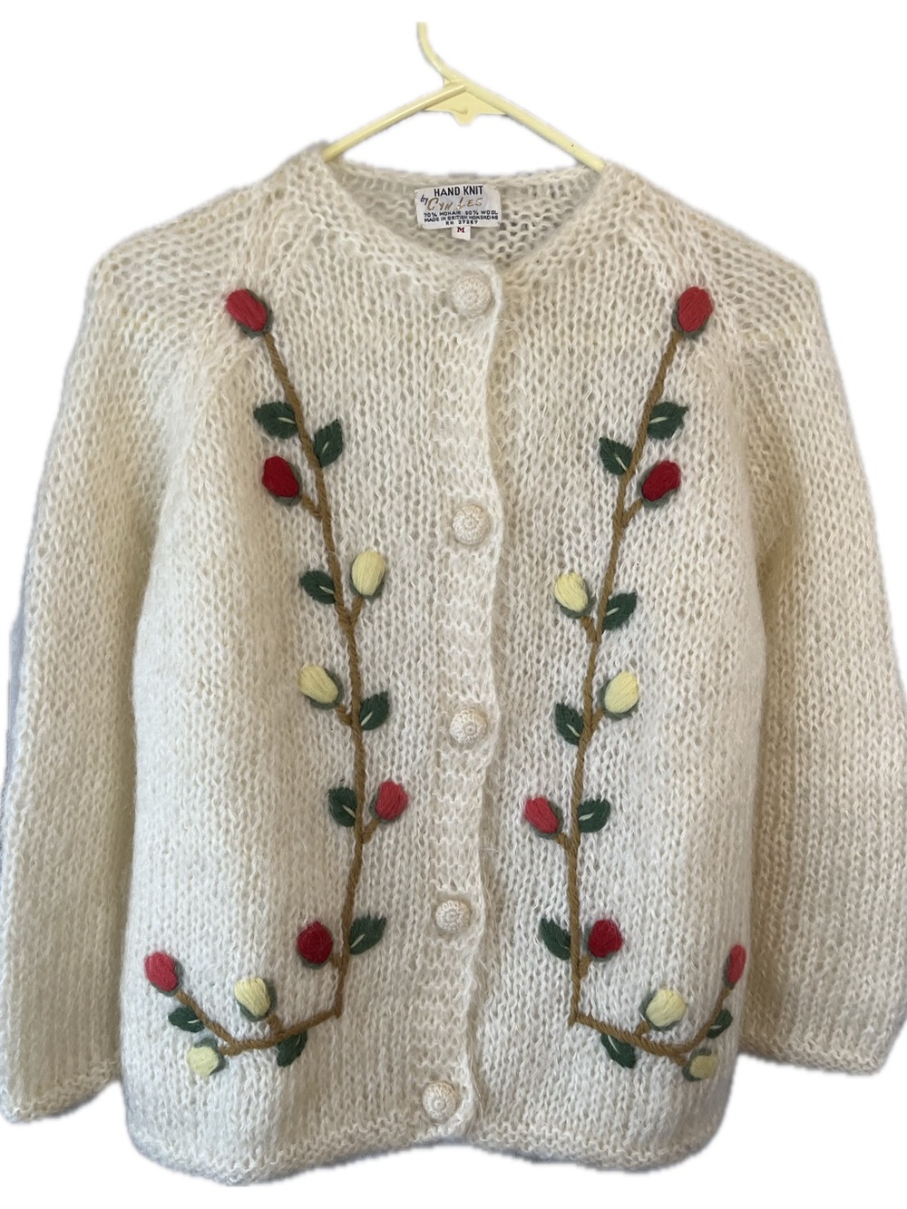 Vintage 60’s Hand Knit Cream Floral-Embroidered Mohair/Wool Cardigan
